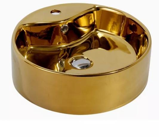 Porcelain Electroplated Gold Basin Sink Tabletop Round