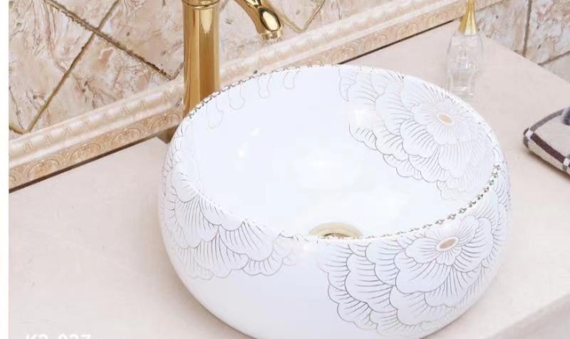 Floral Round Wash Basin Ceramic White Gold Lining Floral.