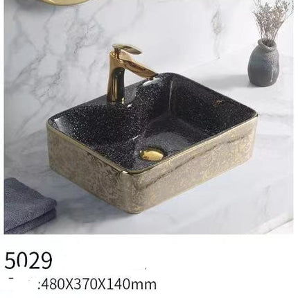Electroplated Floral Wash Basin Porcelaine Black Gold Lining Floral.
