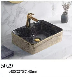 Electroplated Floral Wash Basin Porcelaine Black Gold Lining Floral.