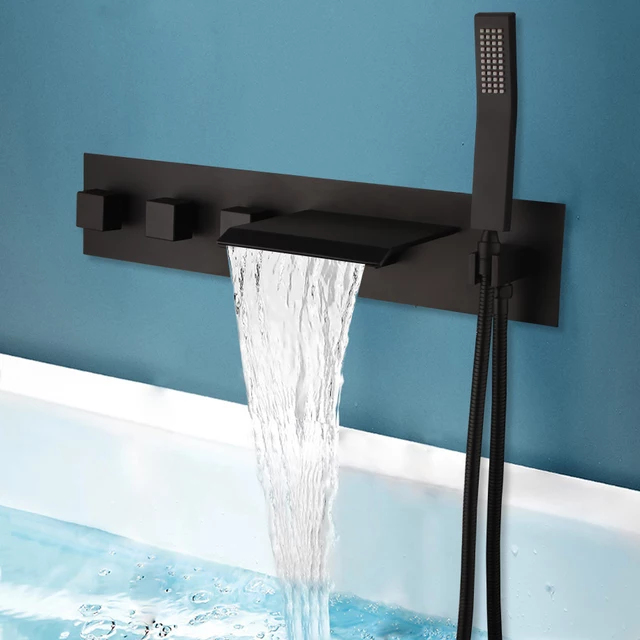 Modern Bathtub Wall Faucet Black Brass Waterfall Spout or Washbasin Wall Faucet Countertop