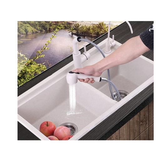 Quartz Stone  Kitchen Sink Double Pearl White Faucet Included