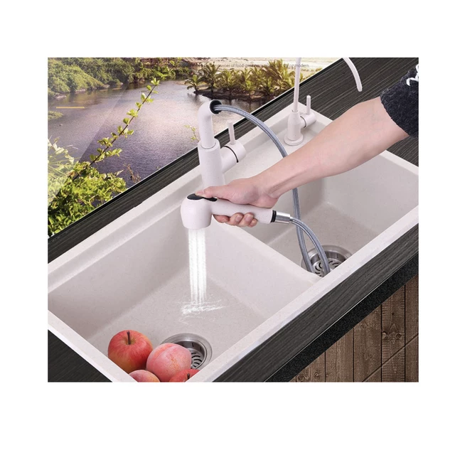 Quartz Stone  Kitchen Sink Double Pearl White Faucet Included