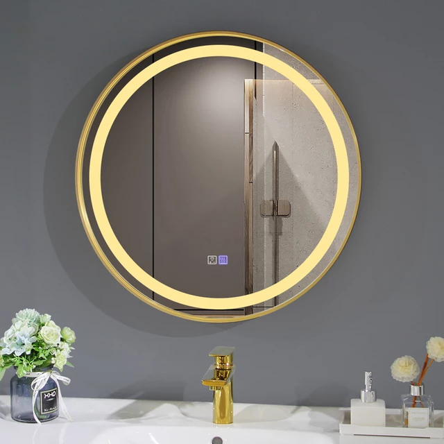 60cm.Led Light Mirror with Gold Frame Tri color Changing Light Touch Screen with Antifog