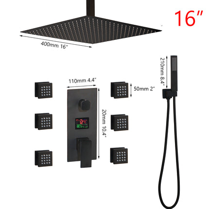 16" black ceiling rain shower set – square overhead head, 6 body massage jets, digital display control panel, and slim handheld sprayer – corrosion-resistant build and clean lines suit various bathroom styles