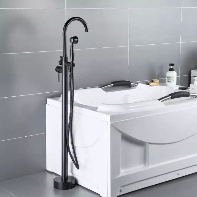 Bathroom Brushed black Floor Mount Free Standing Bathtub Faucet Shower System Set