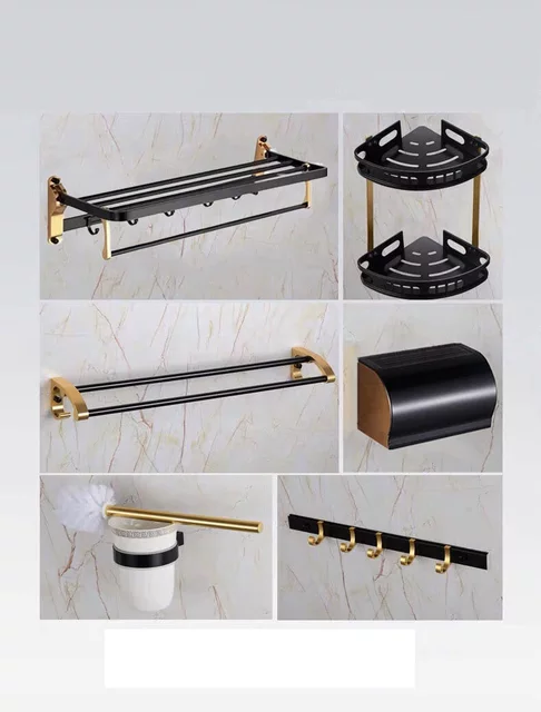 Aluminum bathroom accessories Black and Gold Luxury 6 PCS bathroom set - Bath Accessories Sanitary Hardware Set,