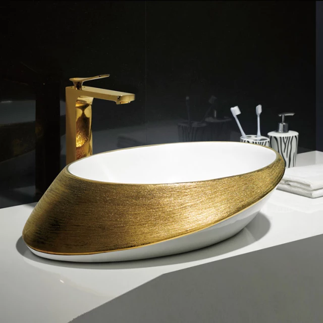 Golden luxury decor ceramic handwash basin countertop rich gold basin bathroom vessel sink
