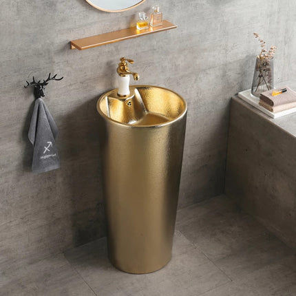 Radiant Gold Finish a Statement Sink with Sculptural Elegance Pedestal Wash Basin