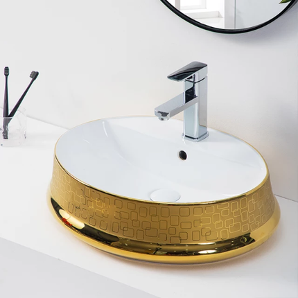 Oval table top ceramic vessel sink luxury art hand wash basin white gold sink for bathroom