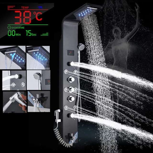 Luxury Black Color Thermostatic Led Rain Shower Head Bathroom Stainless Steel Wall Mounted Waterfall Shower Panels