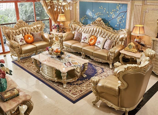 Genuine leather cowhide and Solid wood Sofa Set