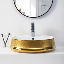 Load image into Gallery viewer, Oval table top ceramic vessel sink luxury art hand wash basin white gold sink for bathroom
