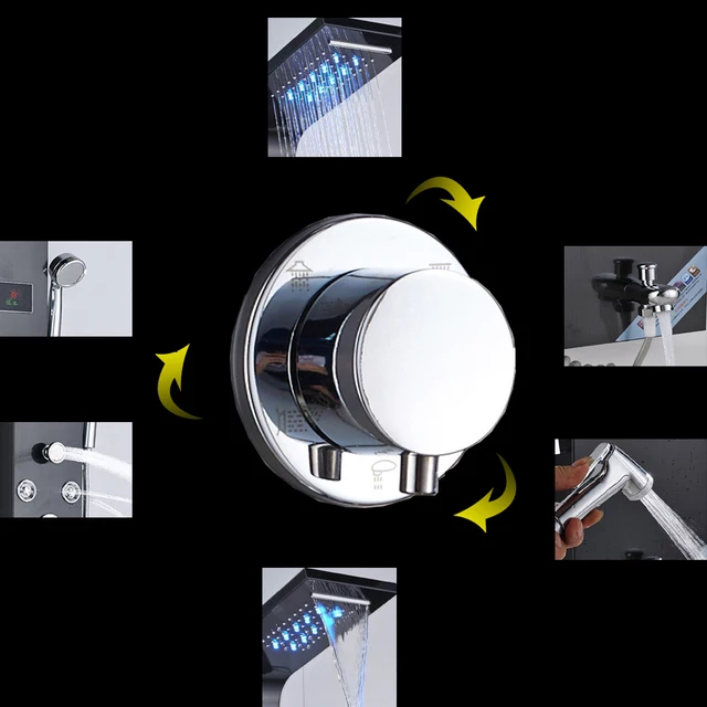 Luxury Black Color Thermostatic Led Rain Shower Head Bathroom Stainless Steel Wall Mounted Waterfall Shower Panels