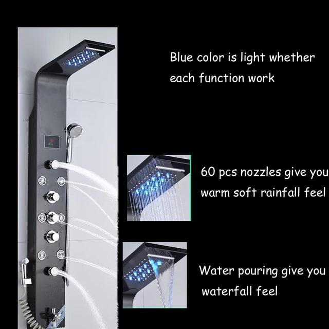 Luxury Black Color Thermostatic Led Rain Shower Head Bathroom Stainless Steel Wall Mounted Waterfall Shower Panels