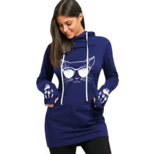 Cartoon Cat Print Drawstring Tunic Hoodie Sweater for Woman