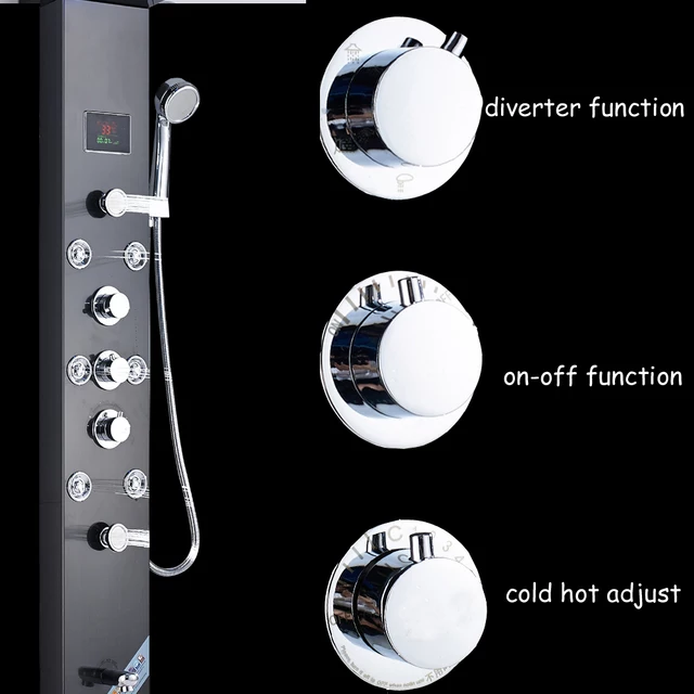 Luxury Black Color Thermostatic Led Rain Shower Head Bathroom Stainless Steel Wall Mounted Waterfall Shower Panels
