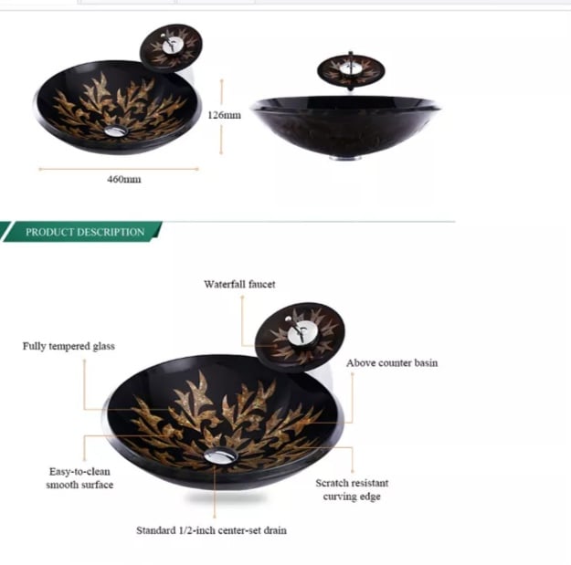 Black Tempered Glass Round Washbasin Toilet Art Table Wash Basin Pedestal Sanitary Wares Sink Bathroom