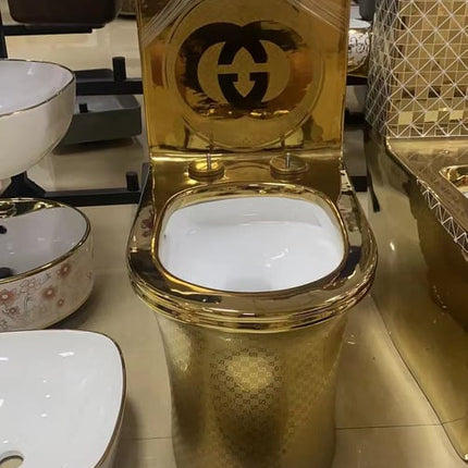 Gucci Bathroom Toilet White and Gold Motif Ceramic Electroplating