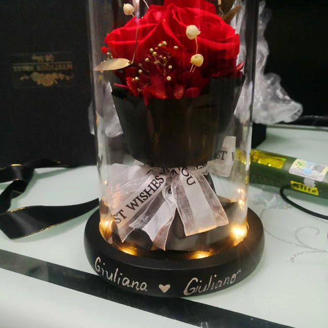 Red Preserved Rose Real Flower in Glass Dome with Lights Best Gift Free Engrave