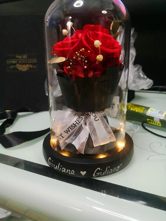 Red Preserved Rose Real Flower in Glass Dome with Lights Best Gift Free Engrave