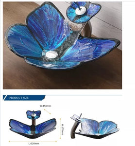 Deluxe blue art butterfly tempered glass table top wash basin for public toilet family bathroom hotel shower room sinks