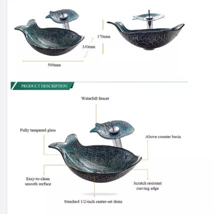 Glass Table Top Sink for Bathroom Vessel Blue Fish Shape with Faucet and Pop Up Drainer Included Basins Sink