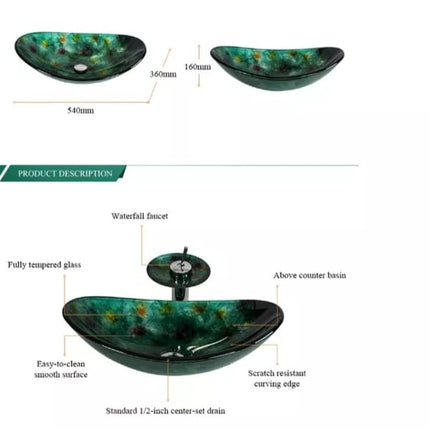Green Bathroom Boat Shaped Tempered Glass Vessel Sink Bathroom Sanitary Ware with  Faucet and Pop Up Drainer Included