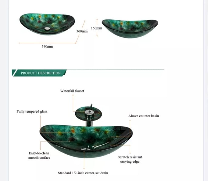 Green Bathroom Boat Shaped Tempered Glass Vessel Sink Bathroom Sanitary Ware with  Faucet and Pop Up Drainer Included