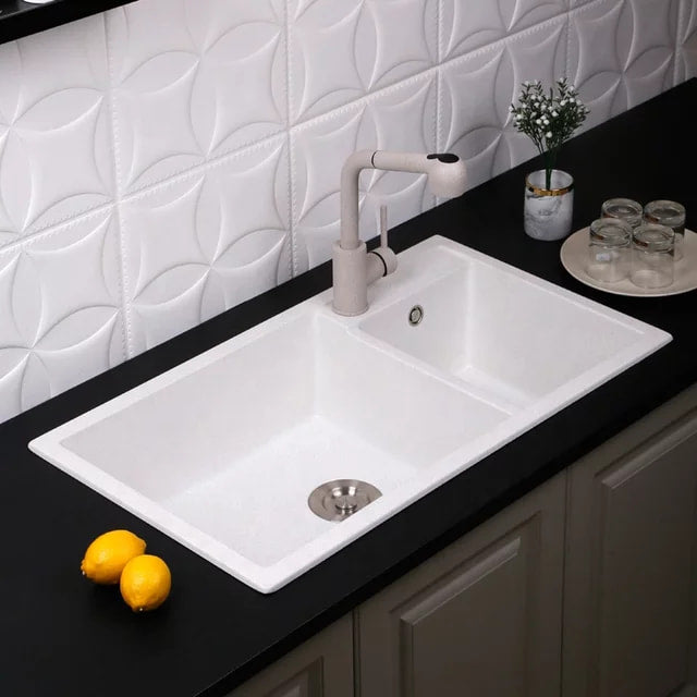 White Kitchen Sink Made of Granite Double Bowl