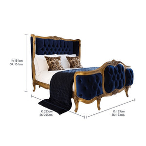 Hot selling classical Antique style bedroom set 100%hand-carved wooden structure with velvet fabric upholstery double bed