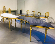 Lade das Bild in den Galerie-Viewer, Glass table used for wedding and event stainless steel wedding table gold luxury dining table

