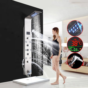 LED Bath Shower Faucet Stainless Steel Digital Display Bath Shower Panel Tower Shower Column Waterfall Rainfall Massage SPA Jet