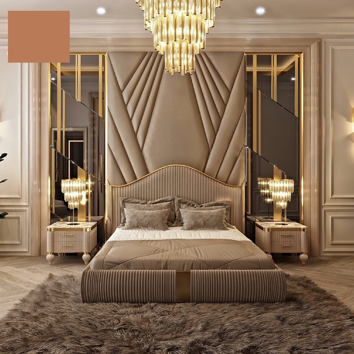 Modern Italian designer hotel bedroom furniture golden luxury bed room set stainless steel king and queen size beds