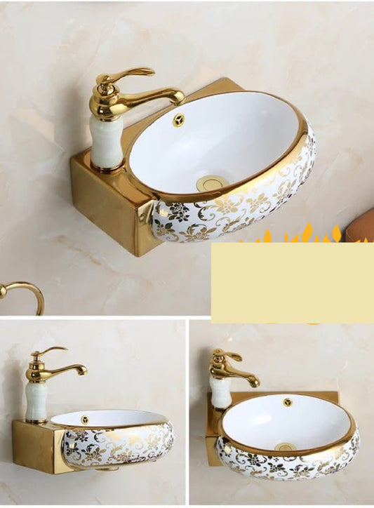 Luxury wall Hanging Basin Floral Small Side Sink White and Gold