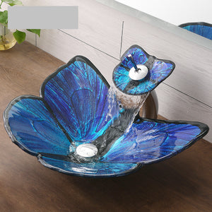 Deluxe blue art butterfly tempered glass table top wash basin for public toilet family bathroom hotel shower room sinks