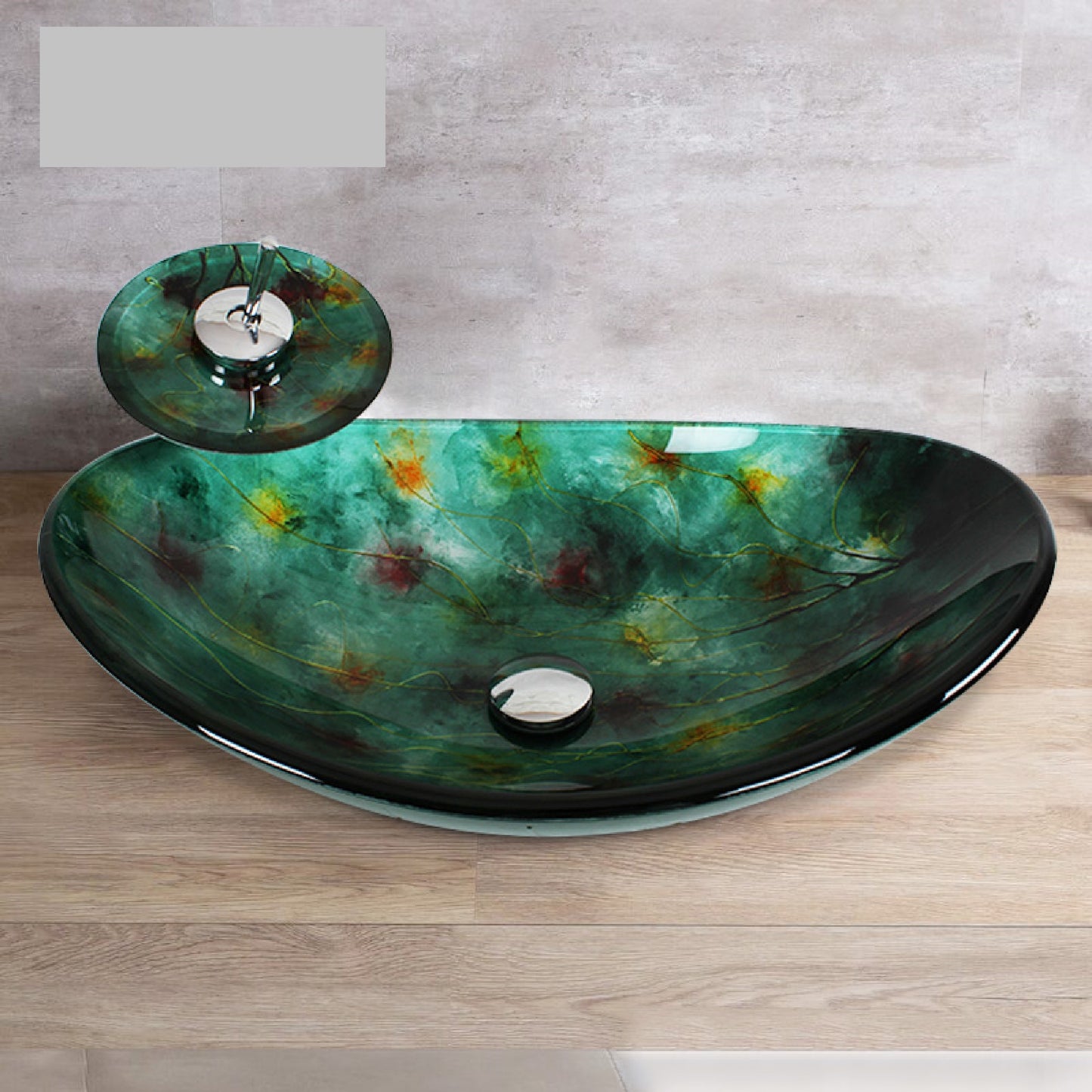 Green Bathroom Boat Shaped Tempered Glass Vessel Sink Bathroom Sanitary Ware with  Faucet and Pop Up Drainer Included