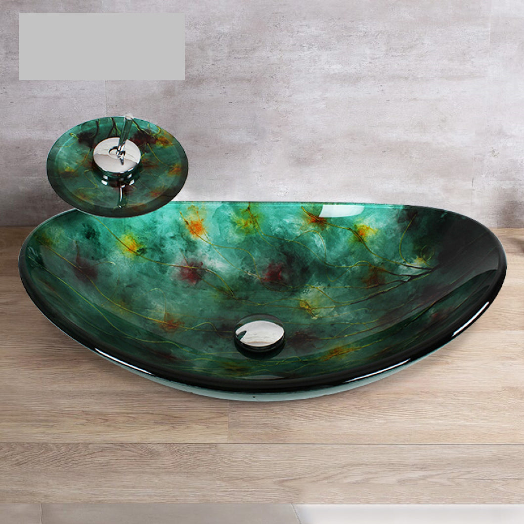 Green Bathroom Boat Shaped Tempered Glass Vessel Sink Bathroom Sanitary Ware with  Faucet and Pop Up Drainer Included