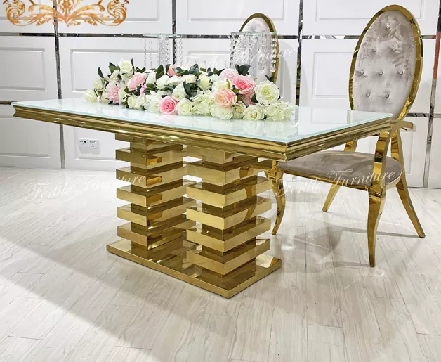White Tempered Glass Top Metal Sweetheart Royal Design Dining Table Sets