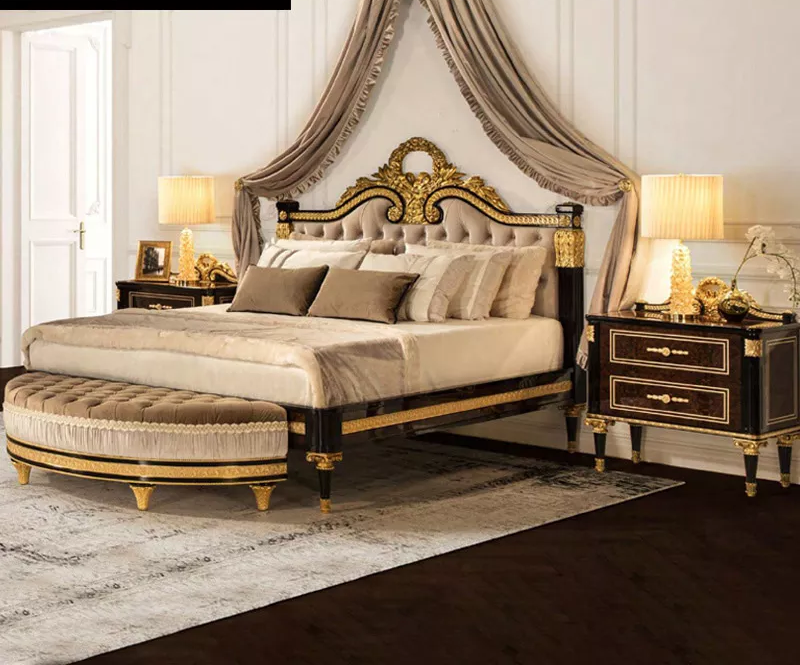 Modern european Italian French solid wood genuine leather bed Fashion Carved luxurious bed french bedroom furniture
