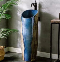Load image into Gallery viewer, Pedestal Wash Basin Ceramic Blue Antique Style.
