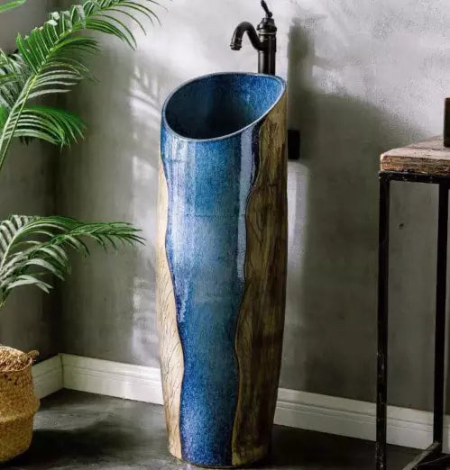 Pedestal Wash Basin Ceramic Blue Antique Style.
