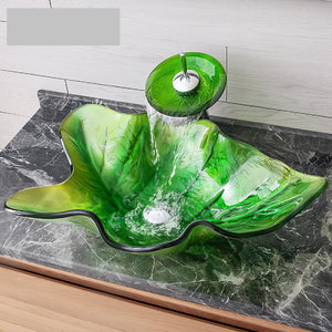 Green Unique Design Vanity Top Glass Face Wash Water Basin Toilet Sink with Tap Glass Basin Vanity Tempered