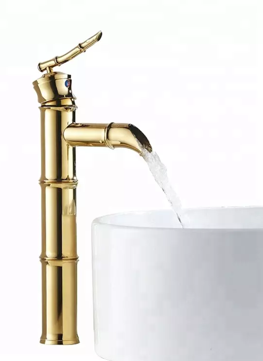 Bamboo style gold plated deck mounted bathroom sink faucets golden basin faucets