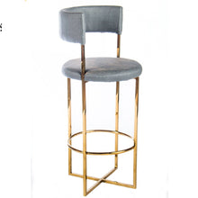 Load image into Gallery viewer, Counter low white and gold velvet bar stool stainless steel frame
