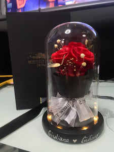 Red Preserved Rose Real Flower in Glass Dome with Lights Best Gift Free Engrave