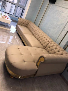 Luxury Nappa Leather L-Shape Sofa Stainless Steel Border Gold