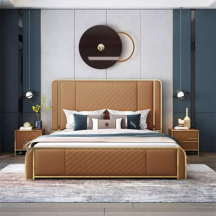 Luxury Bed Made of Fiber leather, stainless and Solid Wood