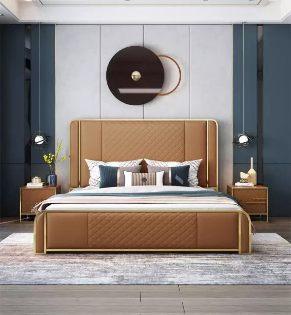 Luxury Bed Made of Fiber leather, stainless and Solid Wood