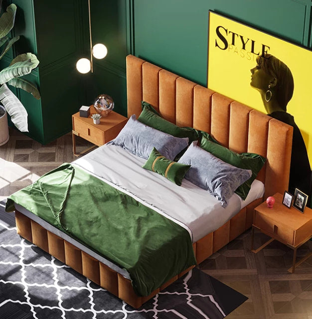 Luxuriöser, schlichter Samt- und Massivholz-Look in King- und Queen-Size erhältlich